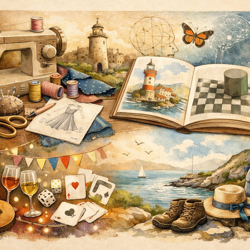 Illustration des activités de Cappellina : couture, lecture, jeux, bord de mer et randonnée